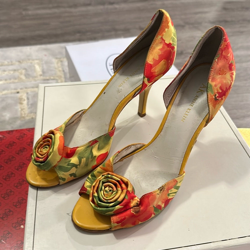 Yellow Floral Open Toe Heels